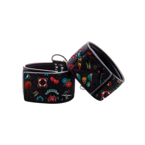 Shots Ouch Old School Tattoo Style Hand Cuffs Black