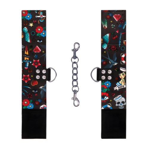 Shots Ouch Old School Tattoo Style Hand Cuffs Black