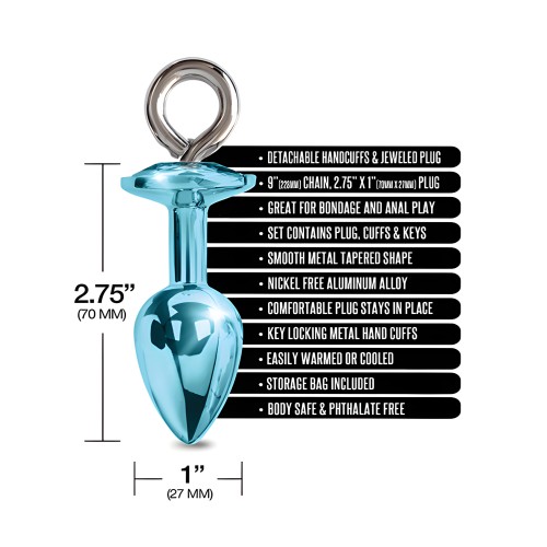 Nixie Metal Butt Plug w/ Inlaid Jewel & Fur Cuff Set - Blue Metallic