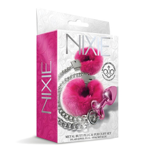 Nixie Metal Butt Plug con Joya Incrustada y Juego de Esposas de Piel - Rosa Metálico