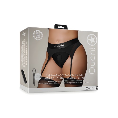 Shots Ouch Vibrating Strap On Thong w/Adjustable Garters - Black XL/XXL