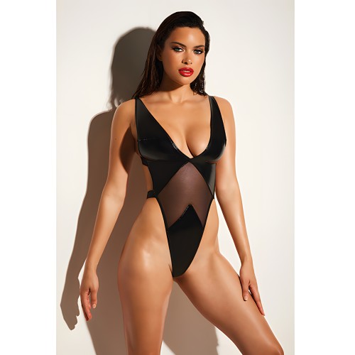 FETISH Teddy de Copas Suaves y Alto Pierna de Vinilo y Malla