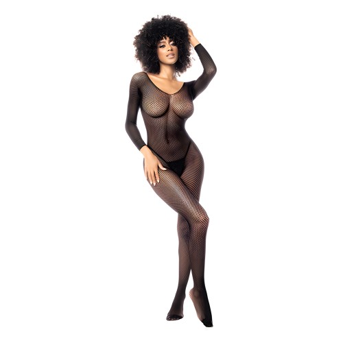 Long Sleeved All Over Fishnet Body Stocking Black O/S