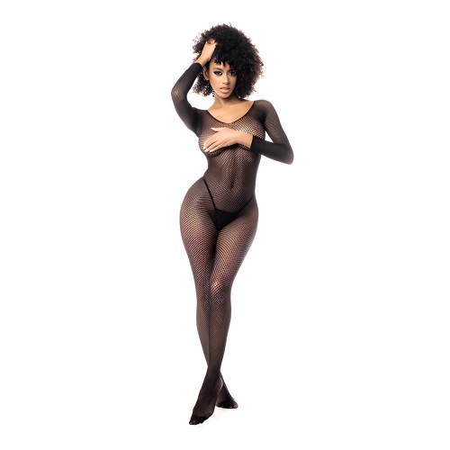 Long Sleeved All Over Fishnet Body Stocking Black O/S