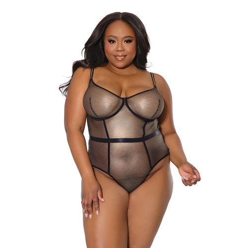 Holiday Metallic Fishnet Teddy w/Underwire Cups Black/Gold 1X/2X