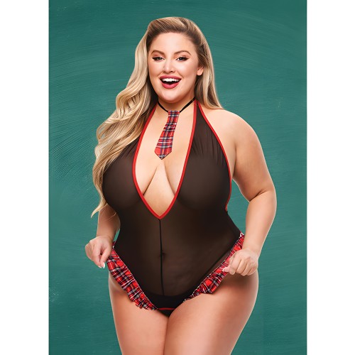 Teacher's Pet Schoolgirl See Thru Crotchless Teddy - Black/Red QN