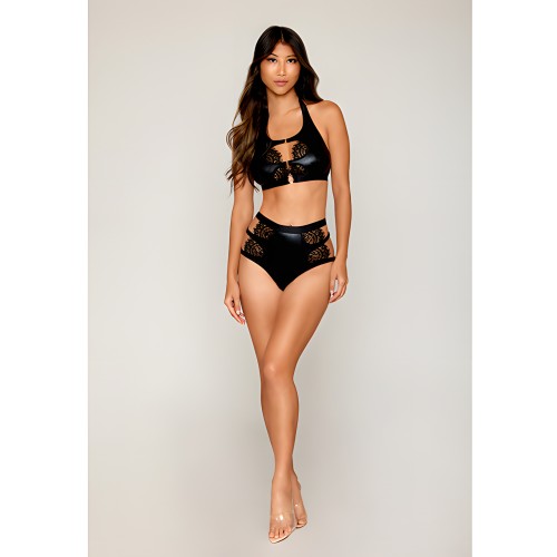 Stretch Faux Leather Bralette & High-Waisted Panty Black SM