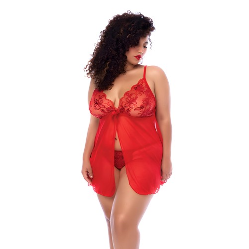 Sequin Embellished Babydoll w/G-String - Red 3X/4X