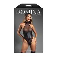 Domina Sheer Mesh Halter Teddy w/Wet Look Cinch Waist & Zipper Crotch - Black S/M
