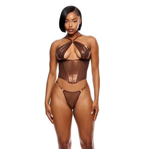 Conjunto de Bustier de Malla Metálica Líquida con G-String - Cobre Metálico LG