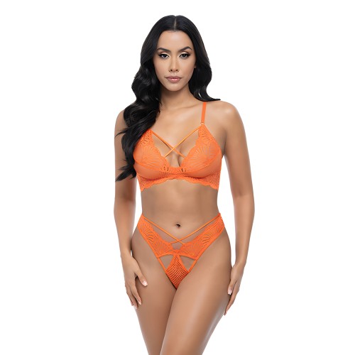 Amina Scallop Lace & Mesh Bralette w/Panty 2 pc Set - Dragon Fire Orange L/XL