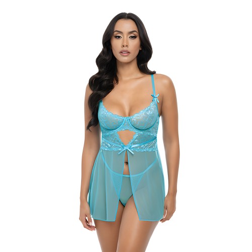 Conjunto Babydoll de Encaje Floral y Malla Emma - Azul Playa MD
