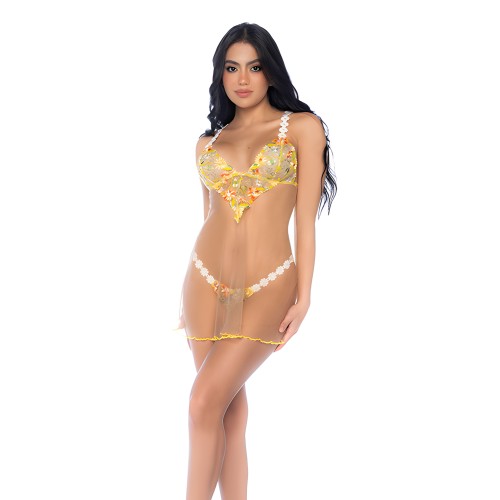 Sunlit Bliss Mesh and Lace Babydoll w/Thong 2 pc Set - Yellow L/XL