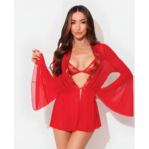 Conjunto de Bata de Malla Transparente con Top Triangular de Satén y Tanga 3 piezas - Rojo LG