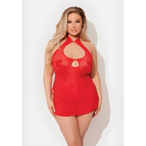 Conjunto de Chemise de Malla y Apliques de Dragón con G-String - Rojo 3X/4X