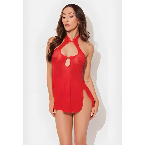 Conjunto Chemise de Malla con Apliques Dragón y G-String - Rojo MD