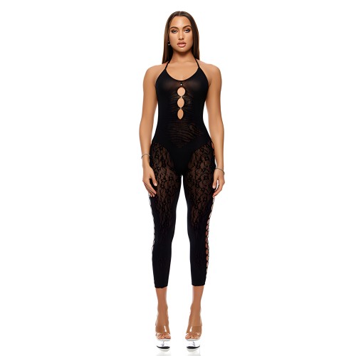 Cross Your Mind Capri Floral Knit Bodystocking - Black QN