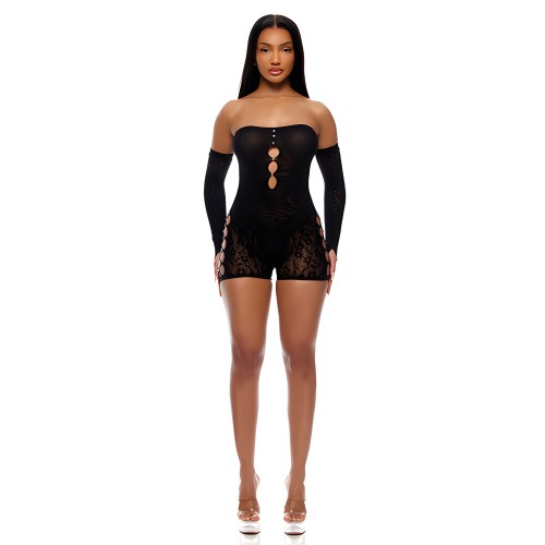 Cross Your Mind Romper Bodystocking with Rhinestone Details & Gloves 2 pc Set - Black O/S