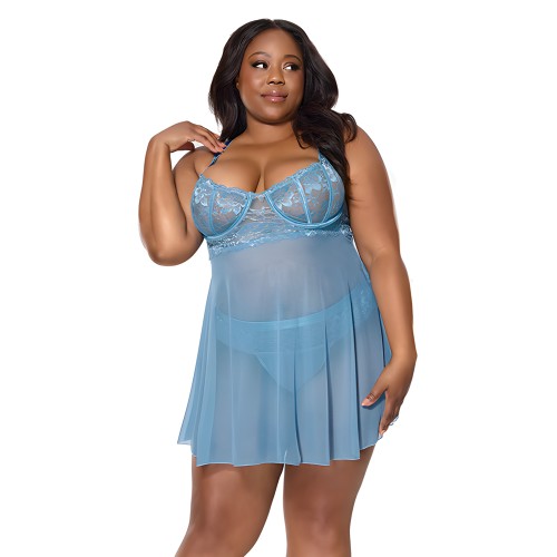 Babydoll de Encaje Floral - Azul 1X/2X