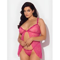 Yvone Lace Babydoll w/Front Closure & G-String 2 pc Set - Pink 3X/4X