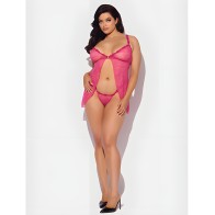 Yvone Lace Babydoll w/Front Closure & G-String 2 pc Set - Pink 3X/4X
