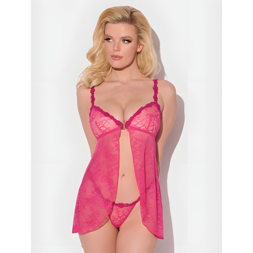 Conjunto de Babydoll de Encaje Yvone con Cierre Frontal y G-String 2 pc - Rosa MD