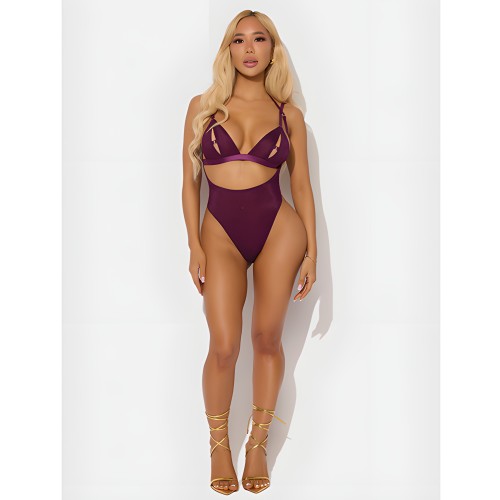 Conjunto de Teddy y Bralette de Malla Brillante - Burdeos MD