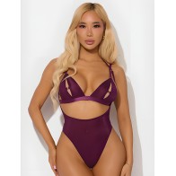 Conjunto Yasmine de Malla Brillante con Copas Cortadas, Teddy Sin Espalda y Bralette - Burdeos 3X/4X