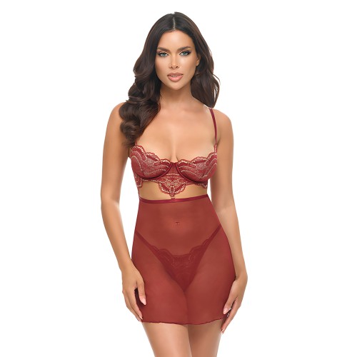 Arielle Unlined Underwire Lace Babydoll con G-String - Burdeos L/XL