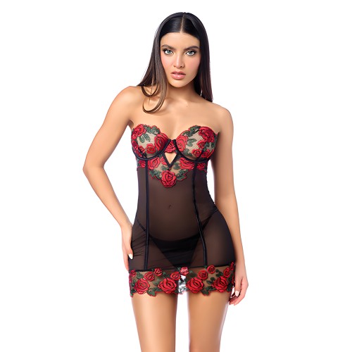 Untamed Floral Embroidered Babydoll Black/Red SM