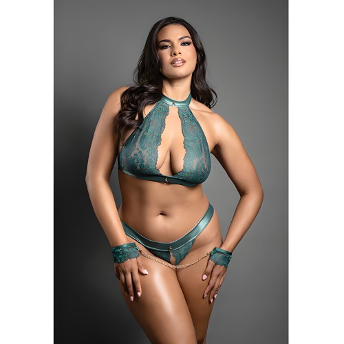 Bralette de Encaje Domina y Panty Abierto Verde QN