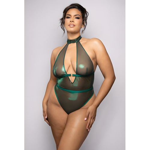 Emerald Shimmer Mesh Halter Teddy - Green 3X/4X