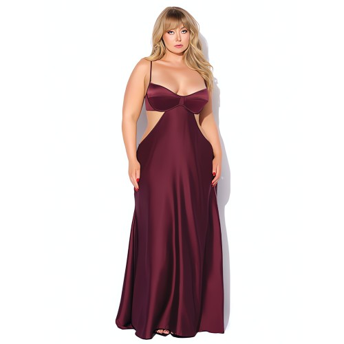 Brigeta Satin Cut Out Long Dress - Burgundy 3X/4X | House of Desire
