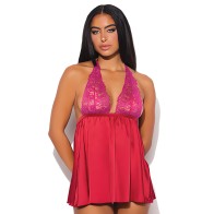Jocelyn Lace & Satin Halter Mini Babydoll Raspberry