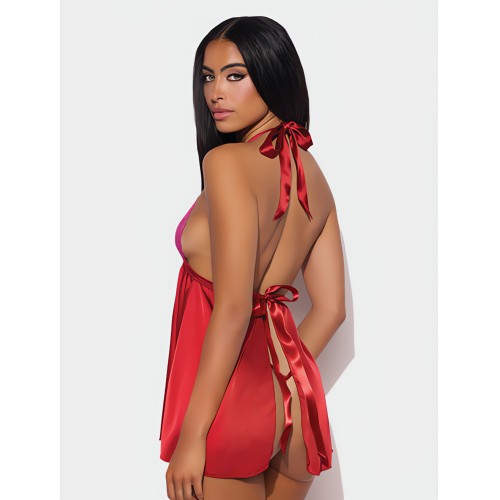 Jocelyn Lace & Satin Halter Mini Babydoll Raspberry