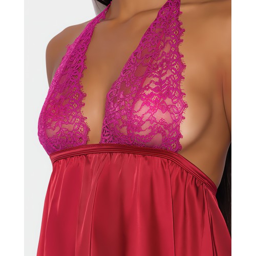 Jocelyn Lace & Satin Halter Mini Babydoll Raspberry