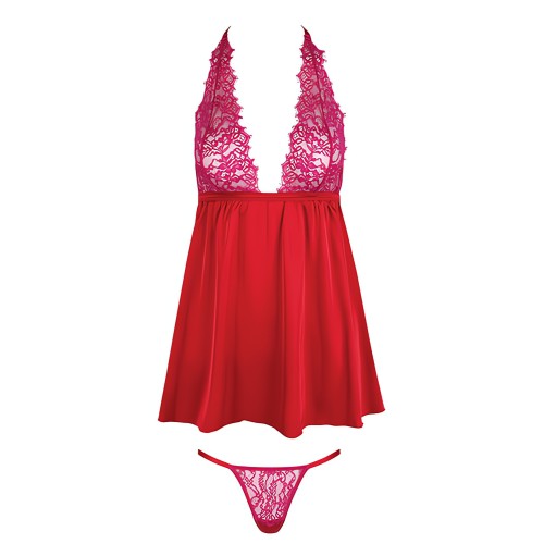 Jocelyn Lace & Satin Halter Mini Babydoll Raspberry