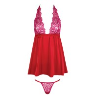 Jocelyn Lace & Satin Halter Mini Babydoll Raspberry