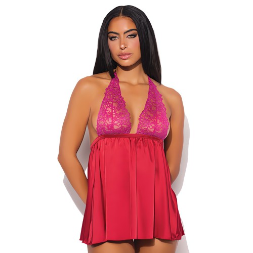 Jocelyn Lace & Satin Halter Mini Babydoll Dress w/Thong - Raspberry