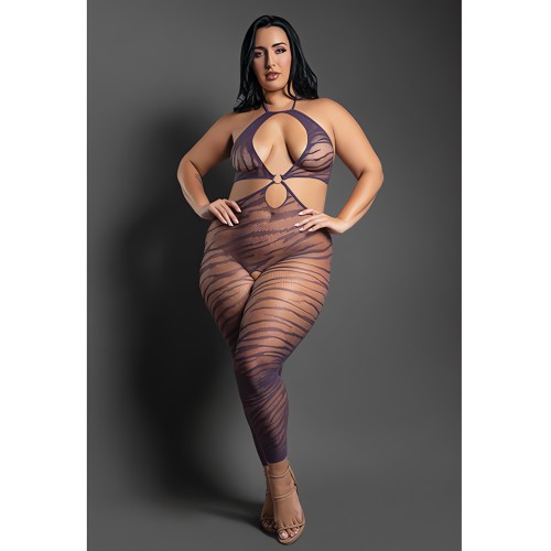 Sheer Set Me Free Mesh Body Stocking w/Zebra Pattern & Open Crotch - Purple QN