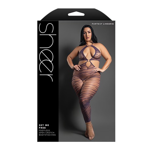 Sheer Set Me Free Mesh Body Stocking w/Zebra Pattern & Open Crotch - Purple QN